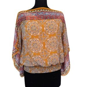 Max Studio Butterfly Sleeve Chiffon Handkerchief Blouse Boho Artsy Smocked Sz S